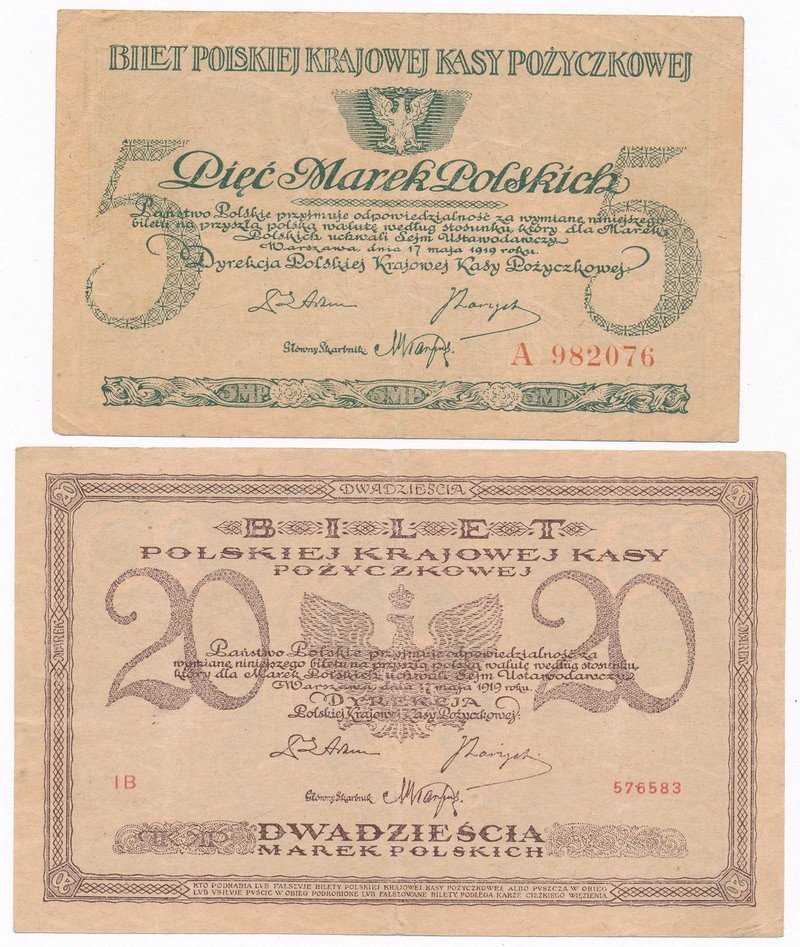 Banknoty. 5 marek  polskich  1919 Seria A i 20 marek polskich 1919 seria IB